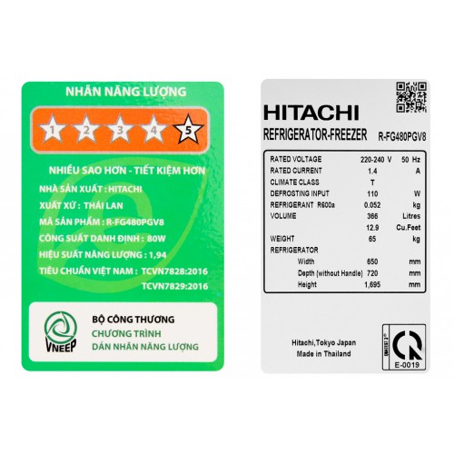 Tủ lạnh Hitachi Inverter 366 lít R-FG480PGV8 GBW